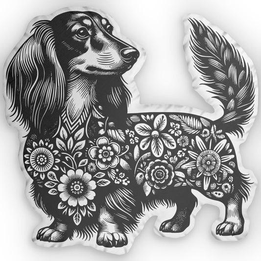 #6 Floral Print Long-Haired Dachshund Custom-Shaped Pillow