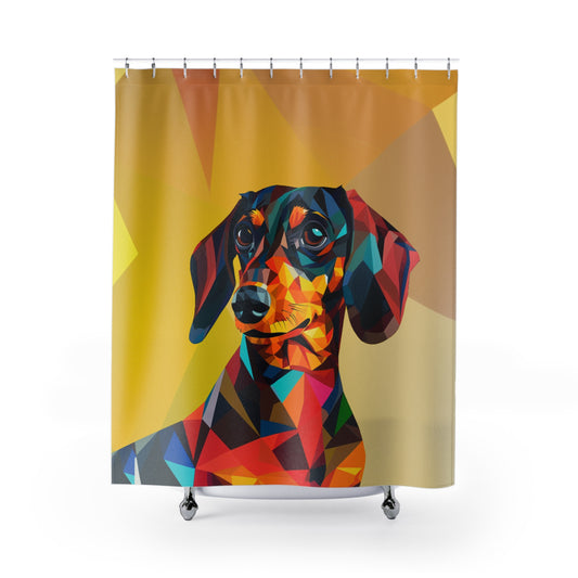 "Symmetrical Sausage" Black & Tan Smooth-Haired Dachshund Yellow Shower Curtain