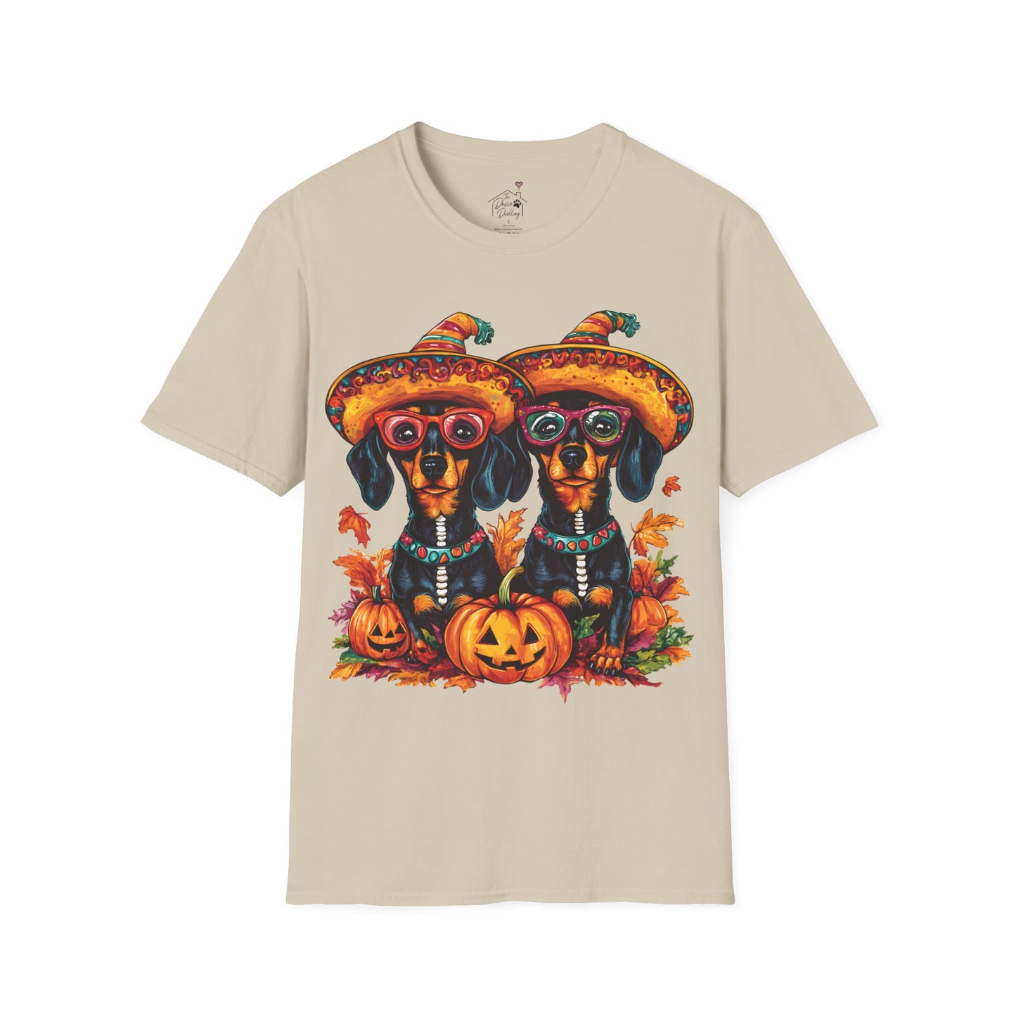 "Fall Fiesta" Black and Tan Smooth-Haired Dachshund Halloween Unisex Softstyle T-Shirt