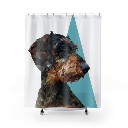 "Pyramid" Wire-Haired Dachshund Blue/White Shower Curtain