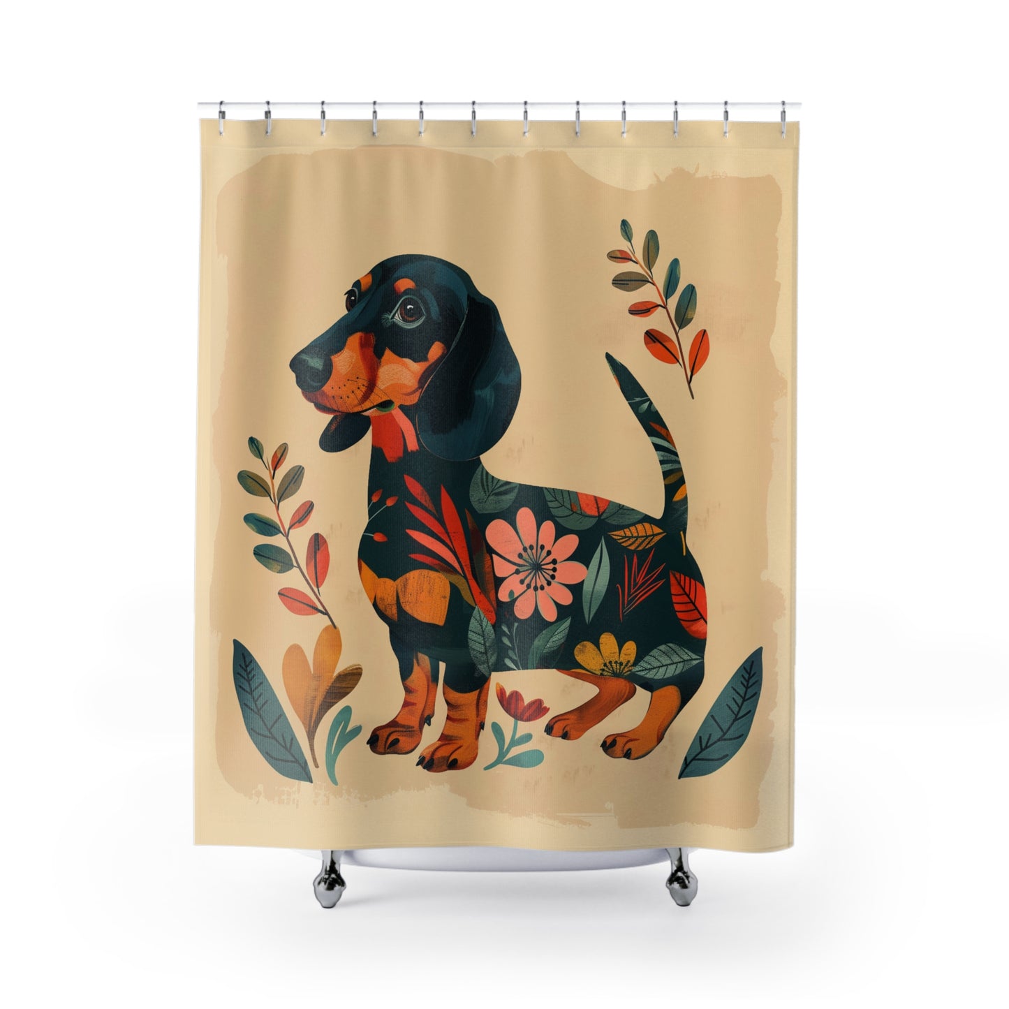 "Fresh" Black & Tan Smooth-Haired Dachshund Tan Floral Shower Curtain