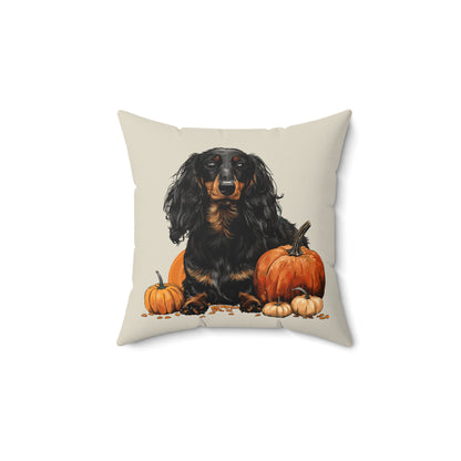 #14 Autumn Inspired Black & Tan Long-Haired Dachshund Throw Pillow