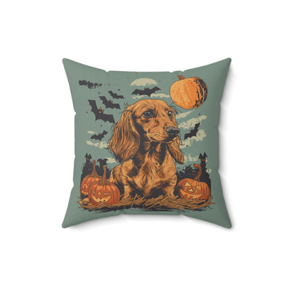 #22 Halloween Inspired Tan Long-Haired Dachshund Throw Pillow