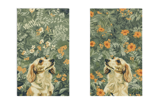 "Wild Flowers" Cream-Colored Long-Haired Dachshund Green Towel Set