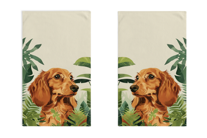 "Among The Ferns" Cream/Red-Colored Long-Haired Dachshund Towel Set