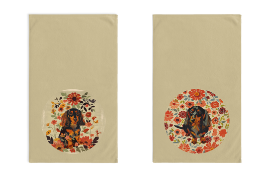 "Bouquet" Black & Tan Long-Haired Dachshund Tan Hand Towel Set