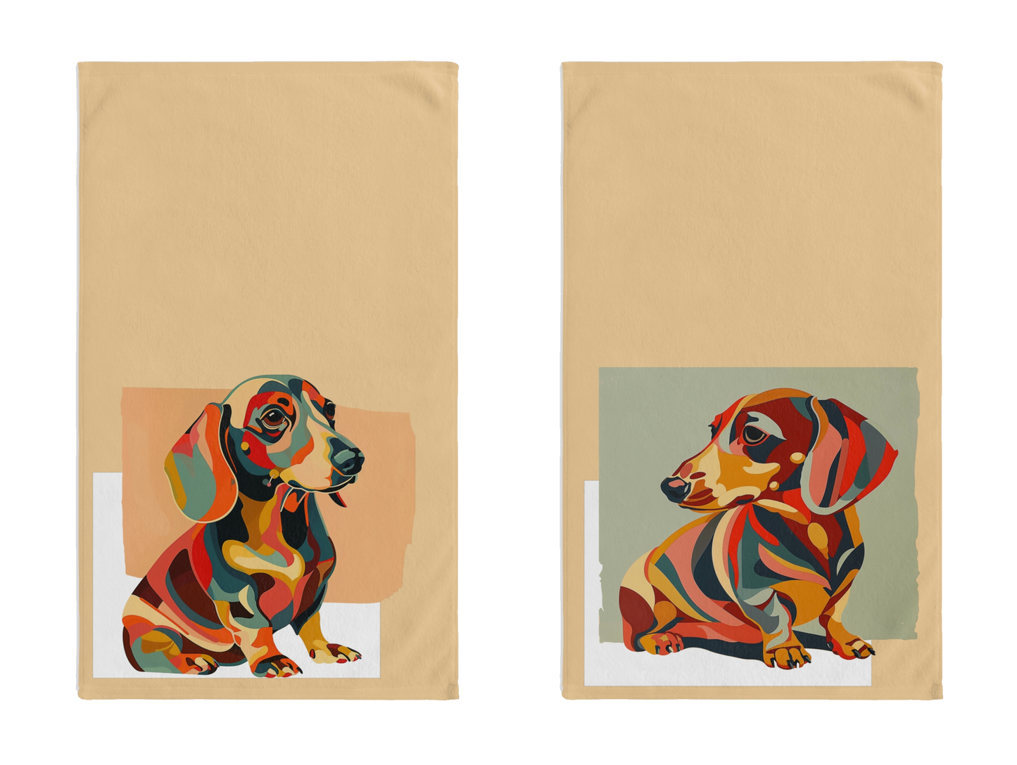 "Facet Hounds" Smooth-Haired Dachshund Tan/White/Green Hand Towel Set