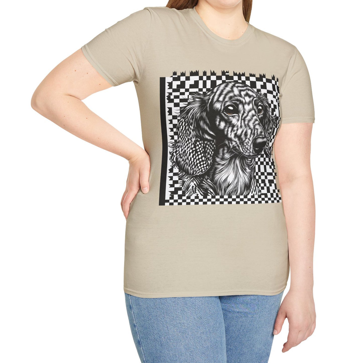 "Long Checked" Long-Haired Dachshund Unisex Softstyle T-Shirt