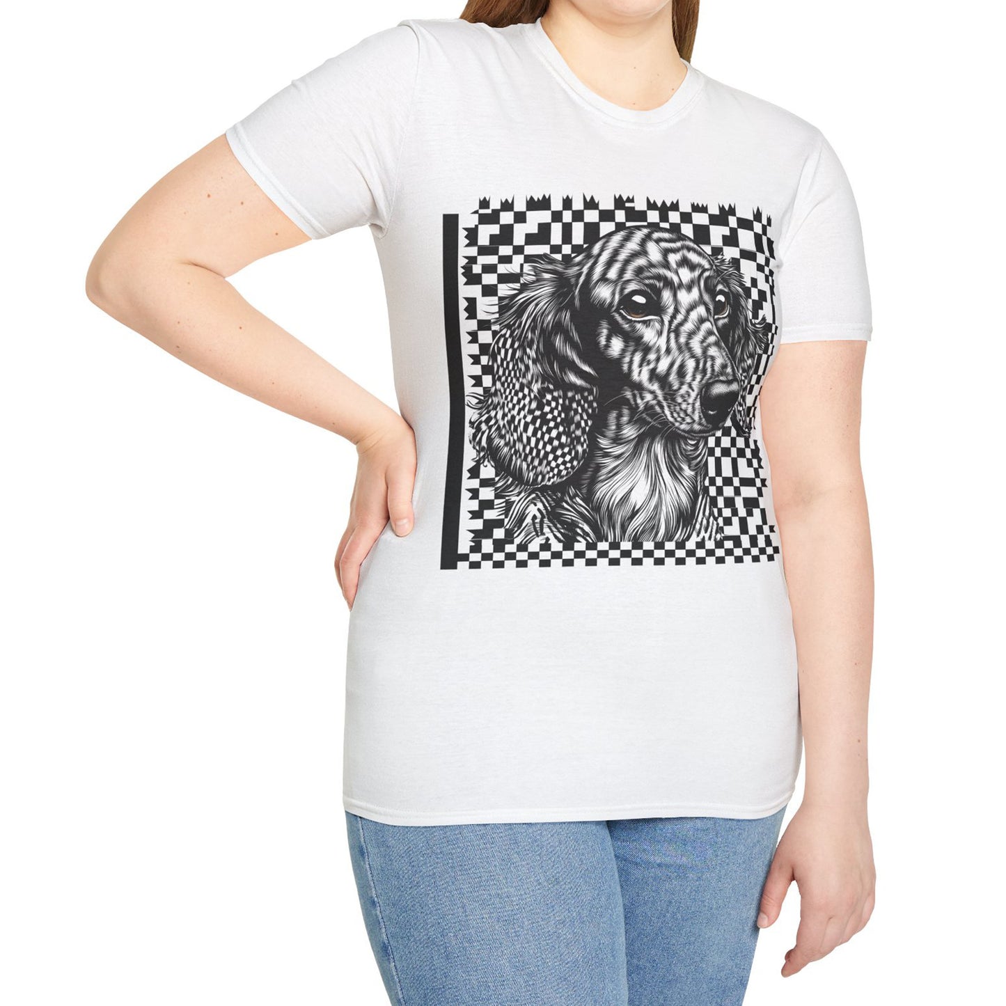 "Long Checked" Long-Haired Dachshund Unisex Softstyle T-Shirt