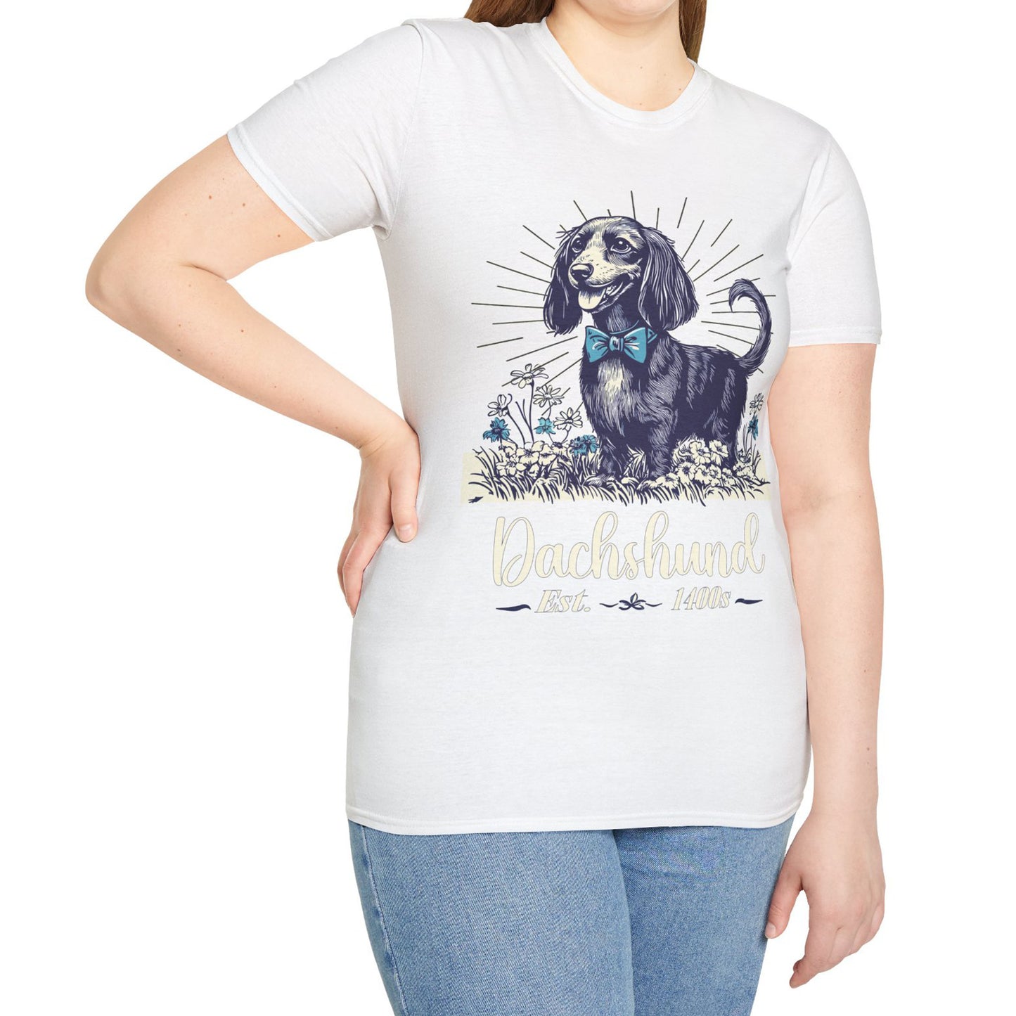 "Circa" Black & Tan Long-Haired Dachshund Unisex Softstyle T-Shirt