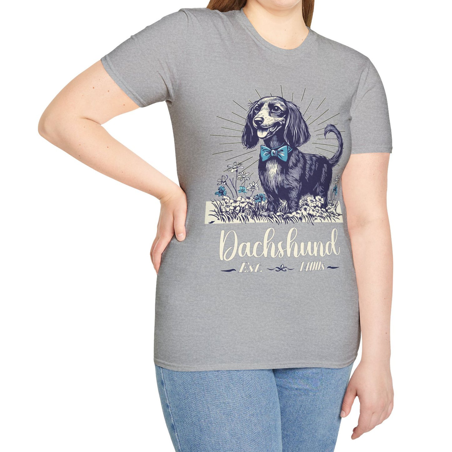"Circa" Black & Tan Long-Haired Dachshund Unisex Softstyle T-Shirt
