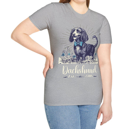 "Circa" Black & Tan Long-Haired Dachshund Unisex Softstyle T-Shirt
