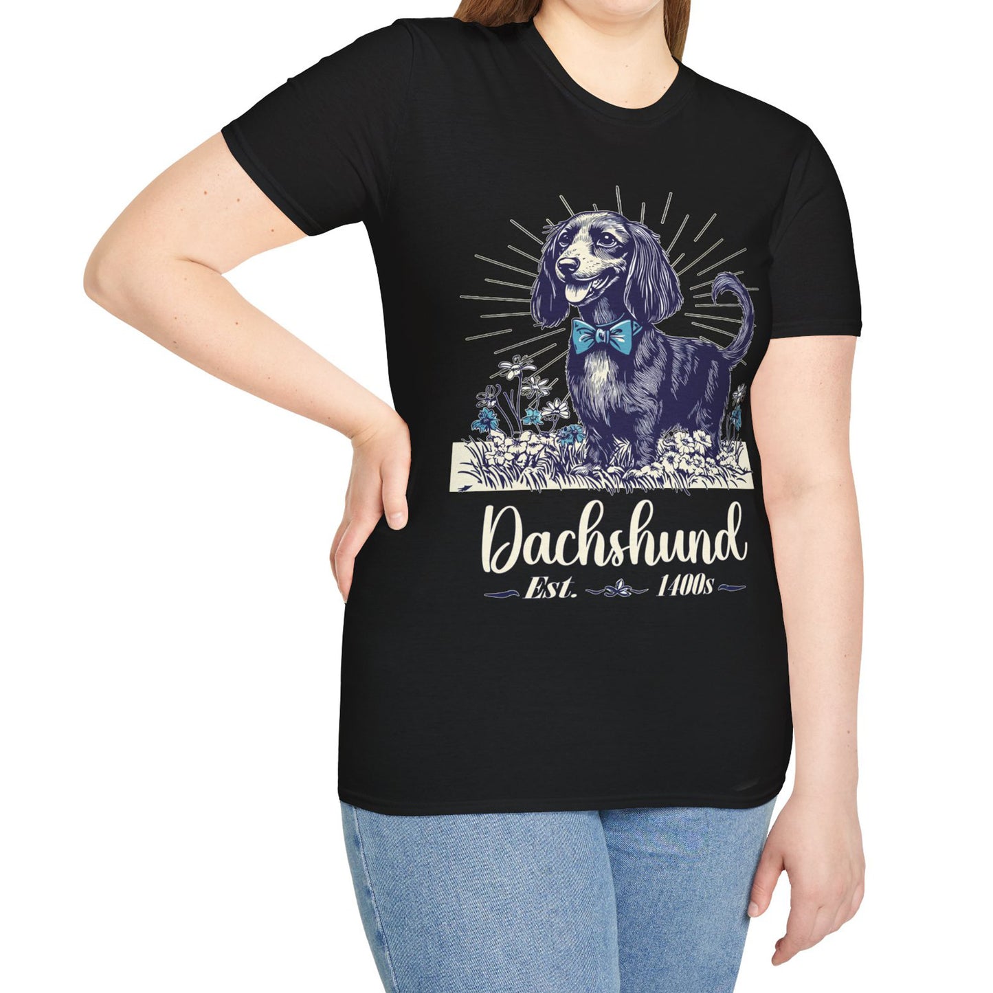 "Circa" Black & Tan Long-Haired Dachshund Unisex Softstyle T-Shirt