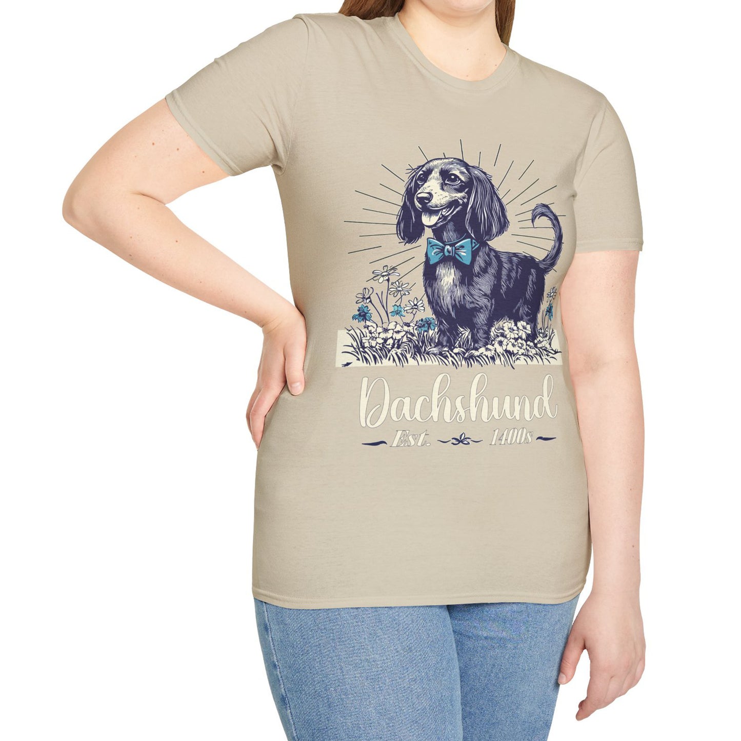 "Circa" Black & Tan Long-Haired Dachshund Unisex Softstyle T-Shirt