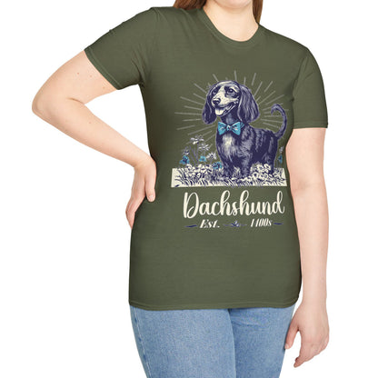 "Circa" Black & Tan Long-Haired Dachshund Unisex Softstyle T-Shirt
