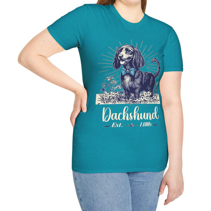 "Circa" Black & Tan Long-Haired Dachshund Unisex Softstyle T-Shirt