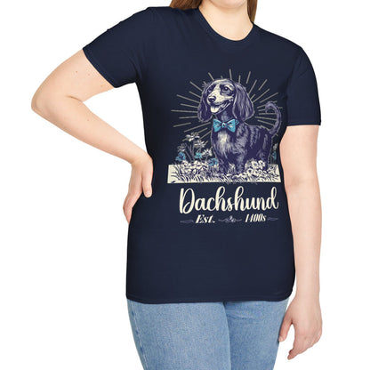"Circa" Black & Tan Long-Haired Dachshund Unisex Softstyle T-Shirt