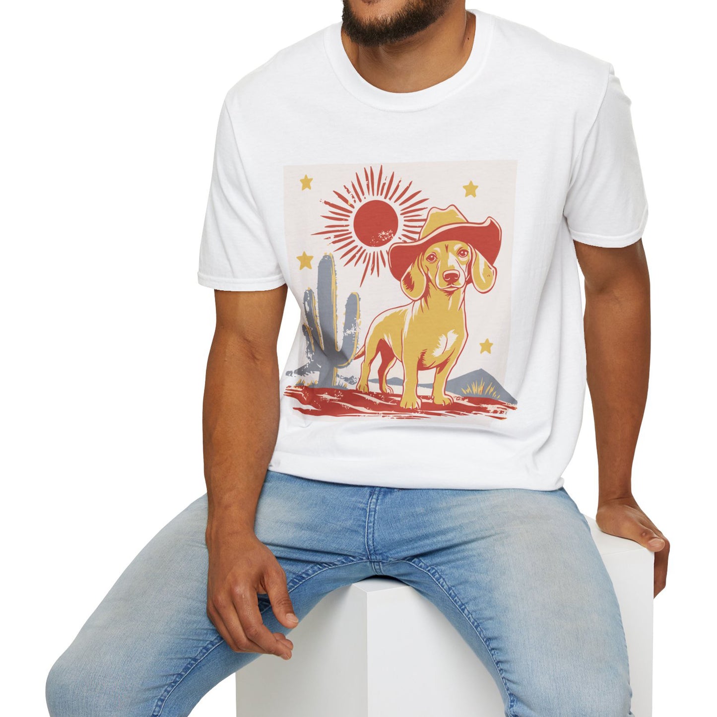 "Sunny Cowboy" Tan Smooth-Haired Dachshund Unisex Softstyle T-Shirt