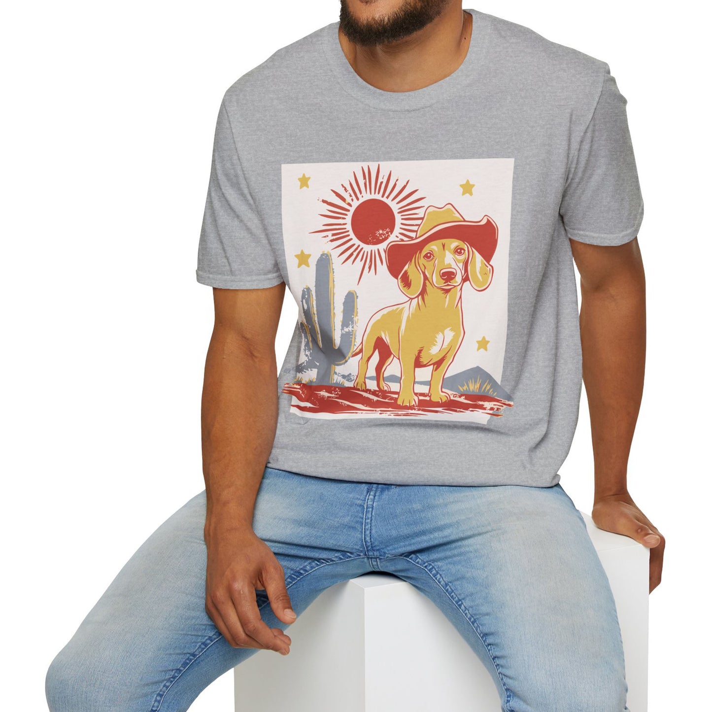 "Sunny Cowboy" Tan Smooth-Haired Dachshund Unisex Softstyle T-Shirt