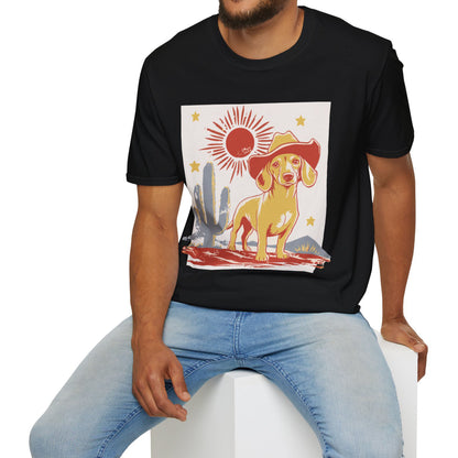 "Sunny Cowboy" Tan Smooth-Haired Dachshund Unisex Softstyle T-Shirt
