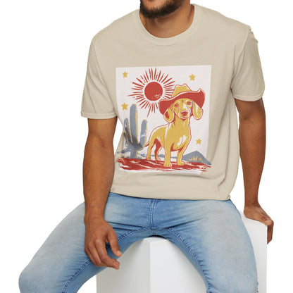 "Sunny Cowboy" Tan Smooth-Haired Dachshund Unisex Softstyle T-Shirt