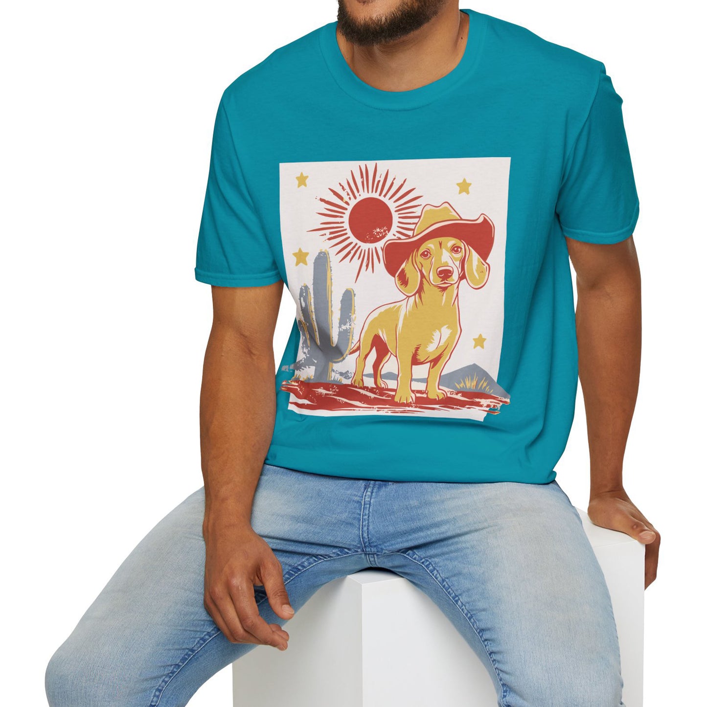 "Sunny Cowboy" Tan Smooth-Haired Dachshund Unisex Softstyle T-Shirt