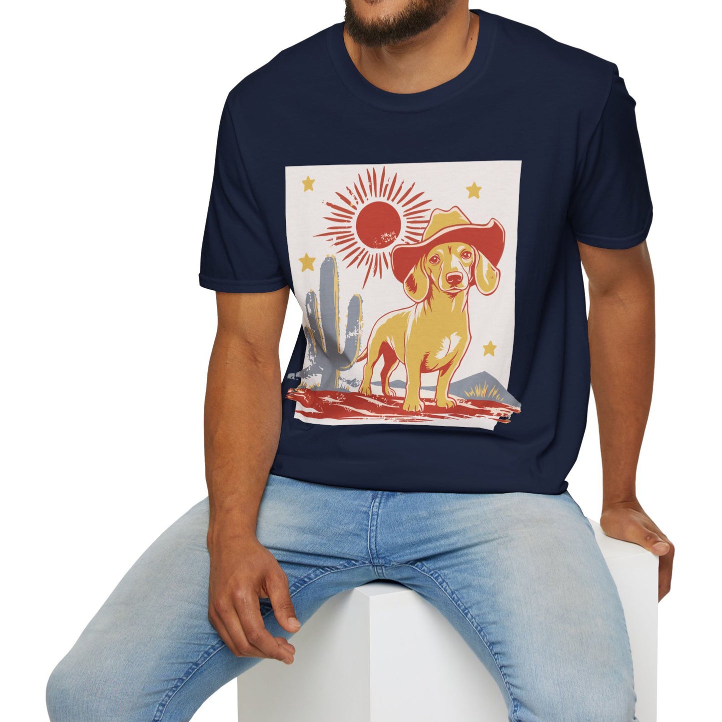 "Sunny Cowboy" Tan Smooth-Haired Dachshund Unisex Softstyle T-Shirt