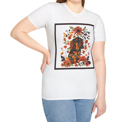 "Bouquet" Black & Tan Long-Haired Dachshund Unisex Softstyle T-Shirt
