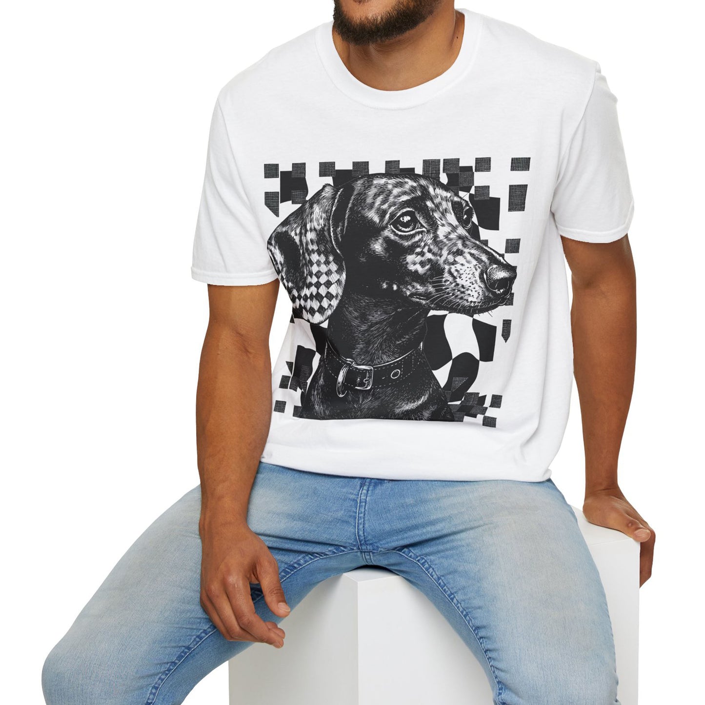 "Smooth Checked" Black & Tan Smooth-Haired Dachshund Unisex Softstyle T-Shirt