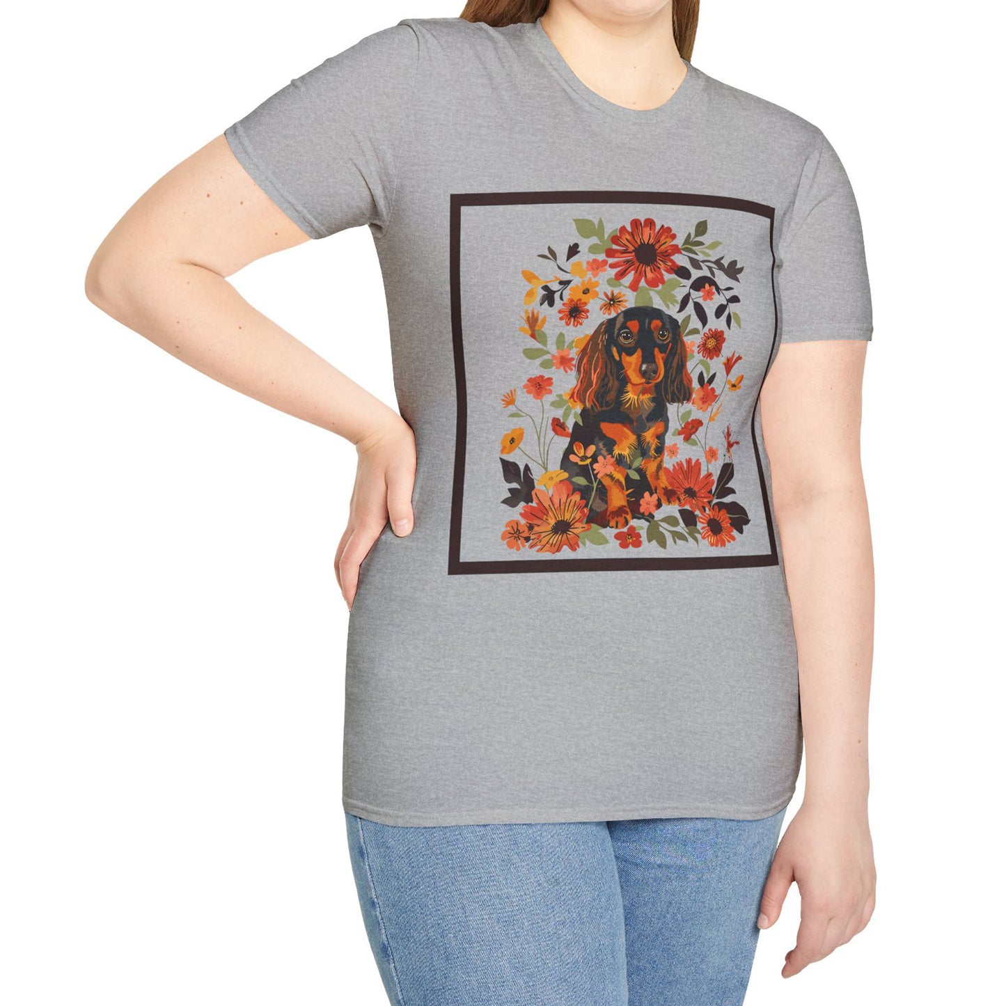 "Bouquet" Black & Tan Long-Haired Dachshund Unisex Softstyle T-Shirt