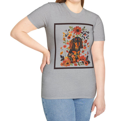 "Bouquet" Black & Tan Long-Haired Dachshund Unisex Softstyle T-Shirt