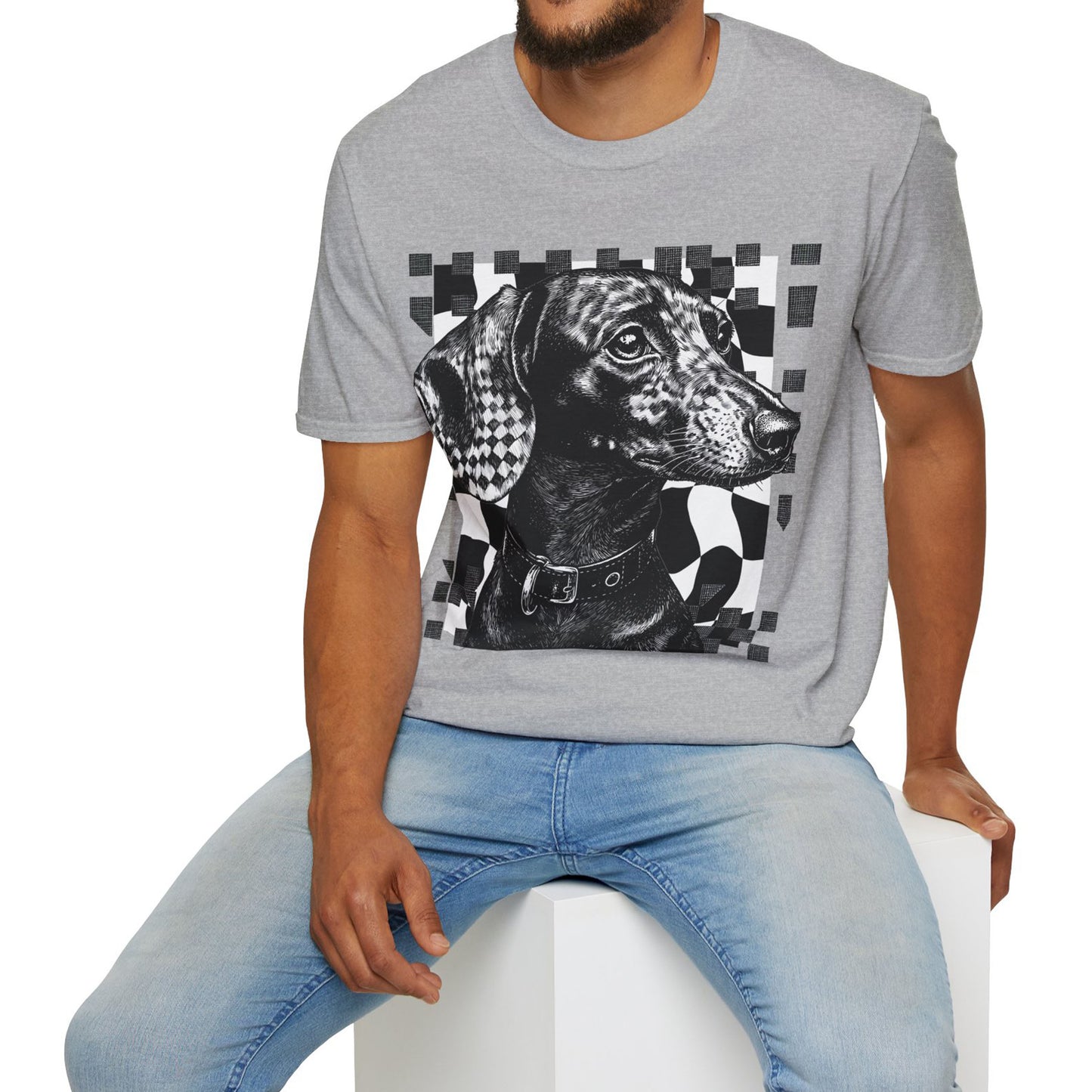 "Smooth Checked" Black & Tan Smooth-Haired Dachshund Unisex Softstyle T-Shirt