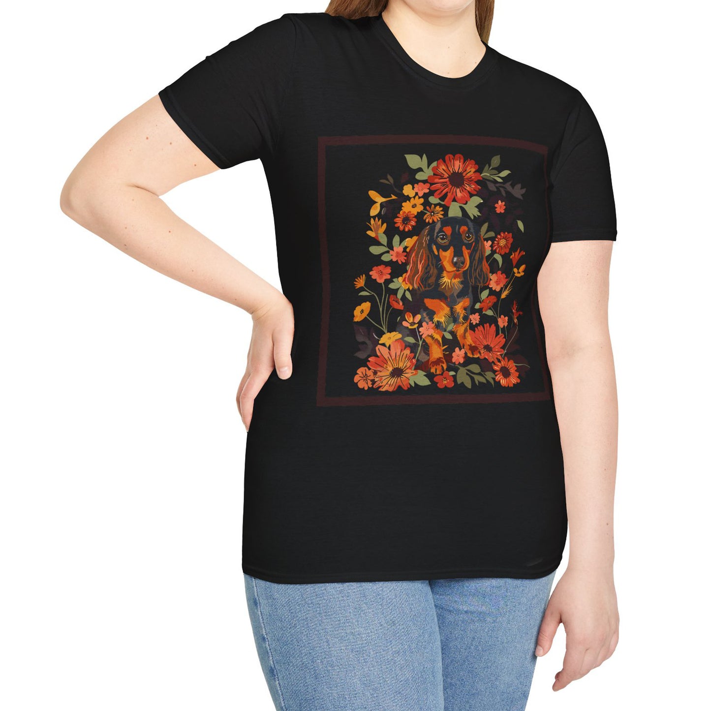 "Bouquet" Black & Tan Long-Haired Dachshund Unisex Softstyle T-Shirt