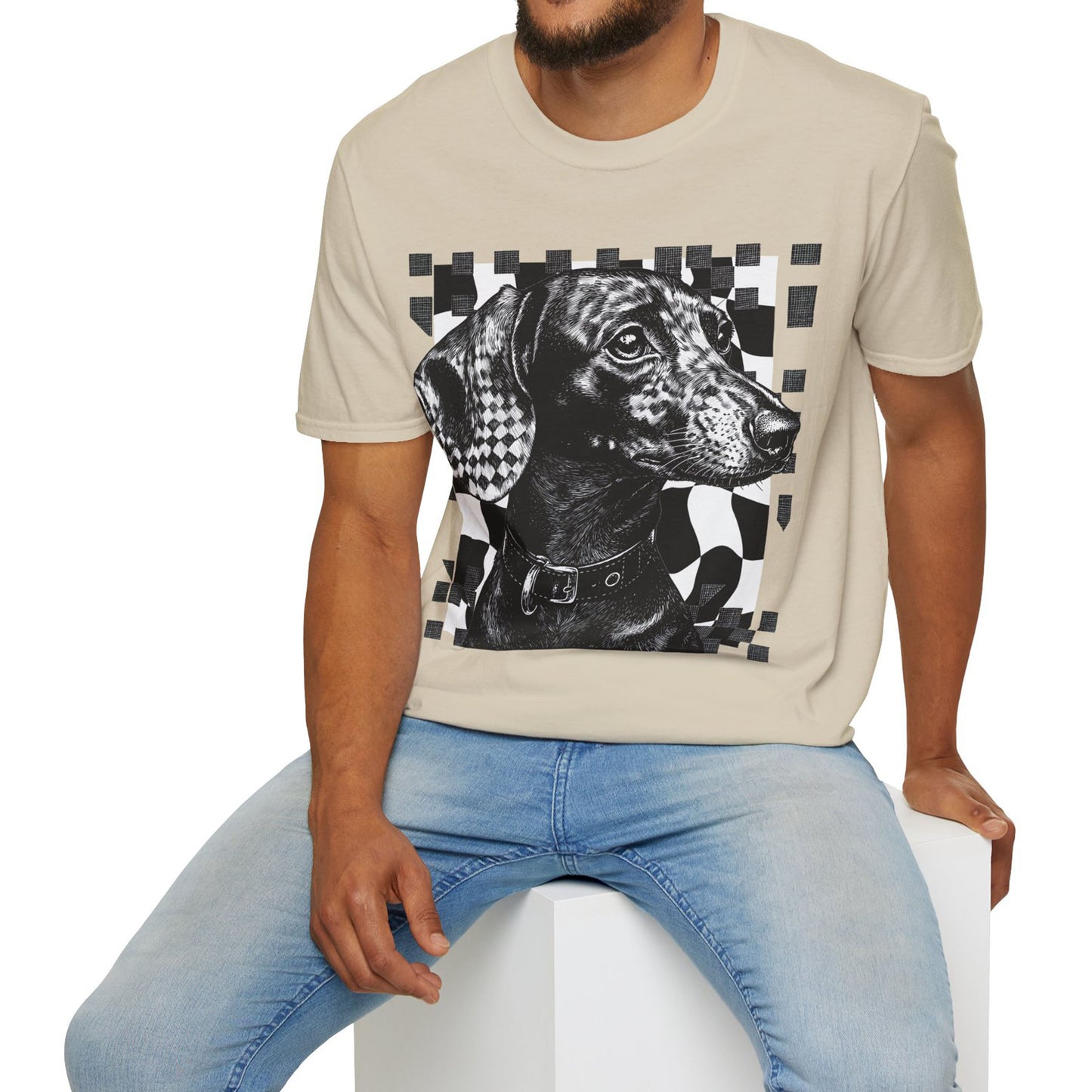 "Smooth Checked" Black & Tan Smooth-Haired Dachshund Unisex Softstyle T-Shirt