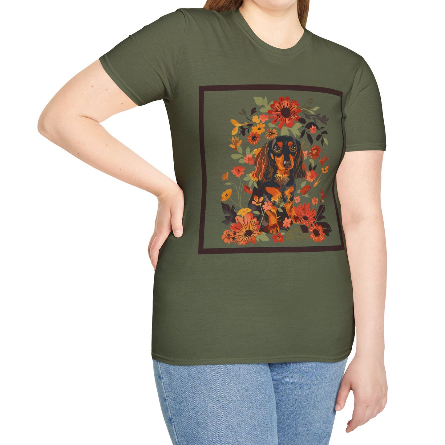 "Bouquet" Black & Tan Long-Haired Dachshund Unisex Softstyle T-Shirt