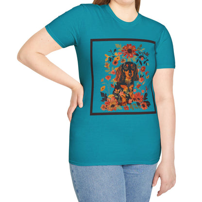 "Bouquet" Black & Tan Long-Haired Dachshund Unisex Softstyle T-Shirt