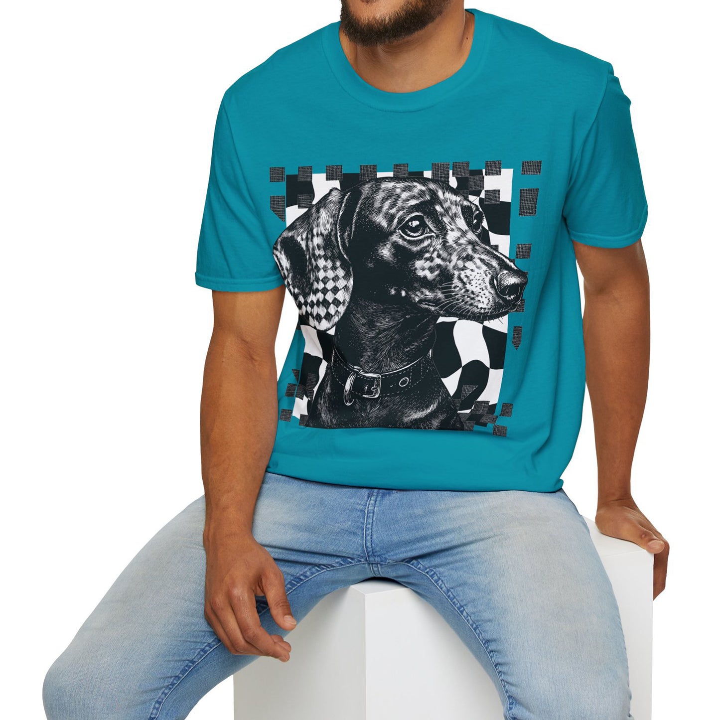 "Smooth Checked" Black & Tan Smooth-Haired Dachshund Unisex Softstyle T-Shirt