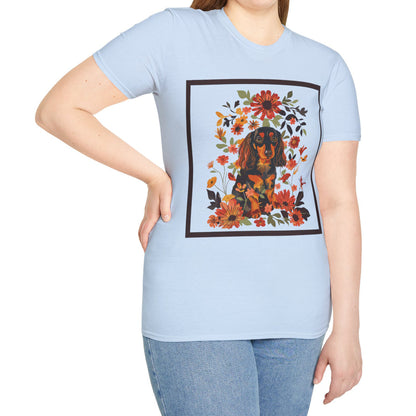 "Bouquet" Black & Tan Long-Haired Dachshund Unisex Softstyle T-Shirt