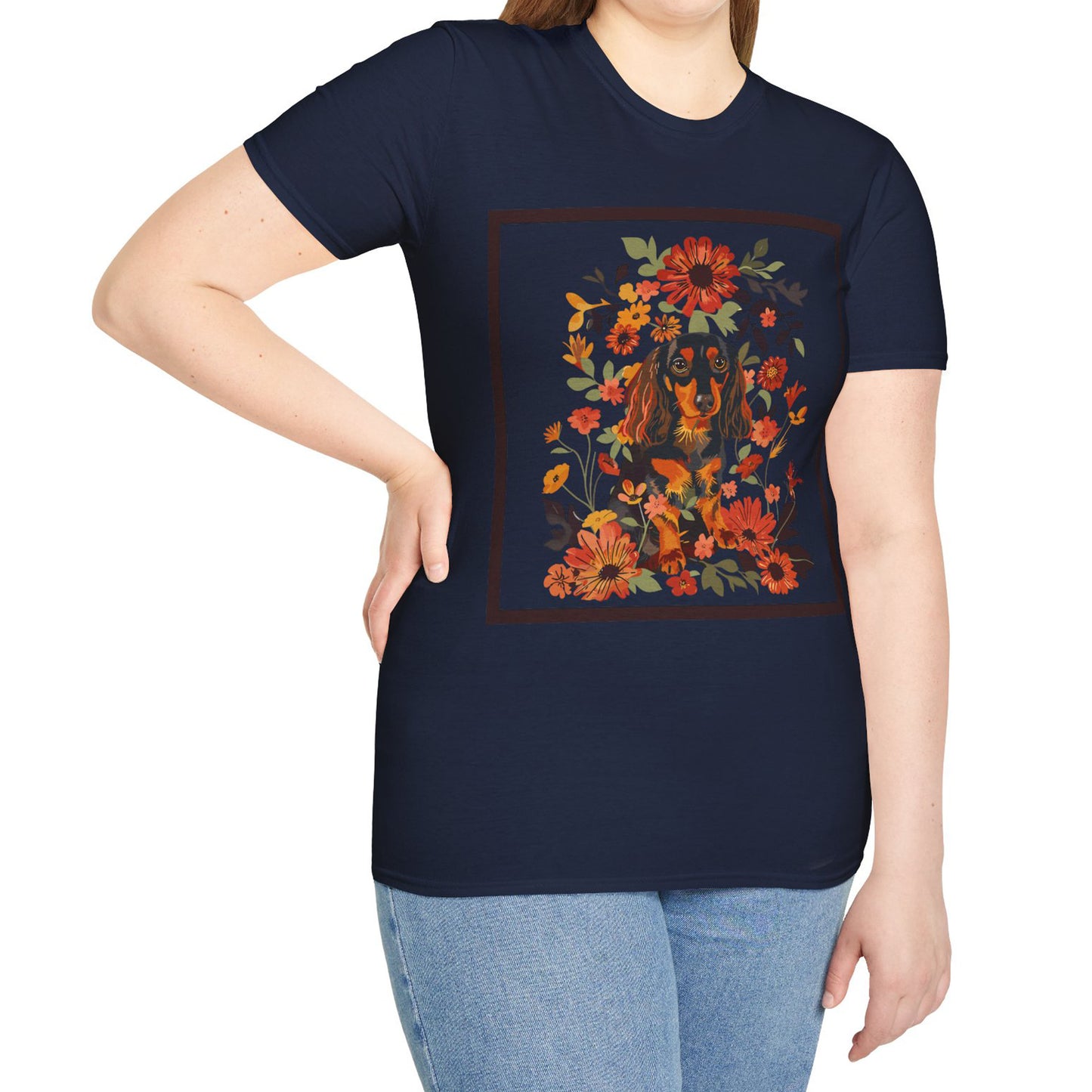 "Bouquet" Black & Tan Long-Haired Dachshund Unisex Softstyle T-Shirt