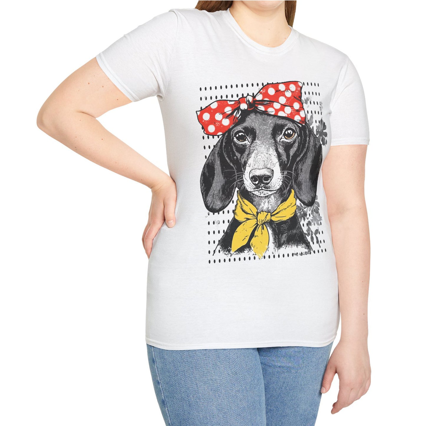 "Rosie" Black & Tan Smooth-Haired Dachshund Unisex Softstyle T-Shirt
