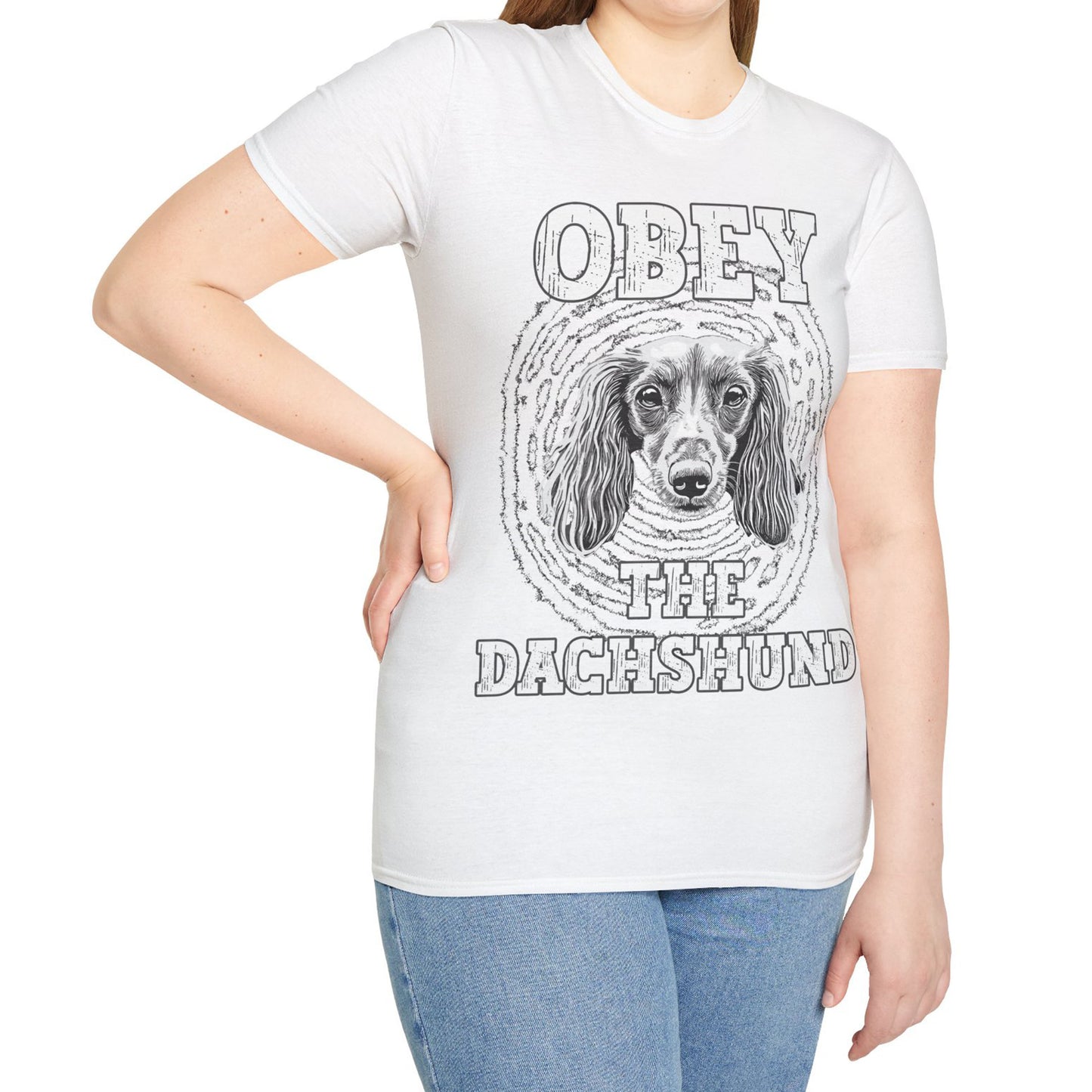 "Obey" Long-Haired Dachshund Unisex Softstyle T-Shirt