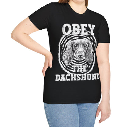 "Obey" Long-Haired Dachshund Unisex Softstyle T-Shirt