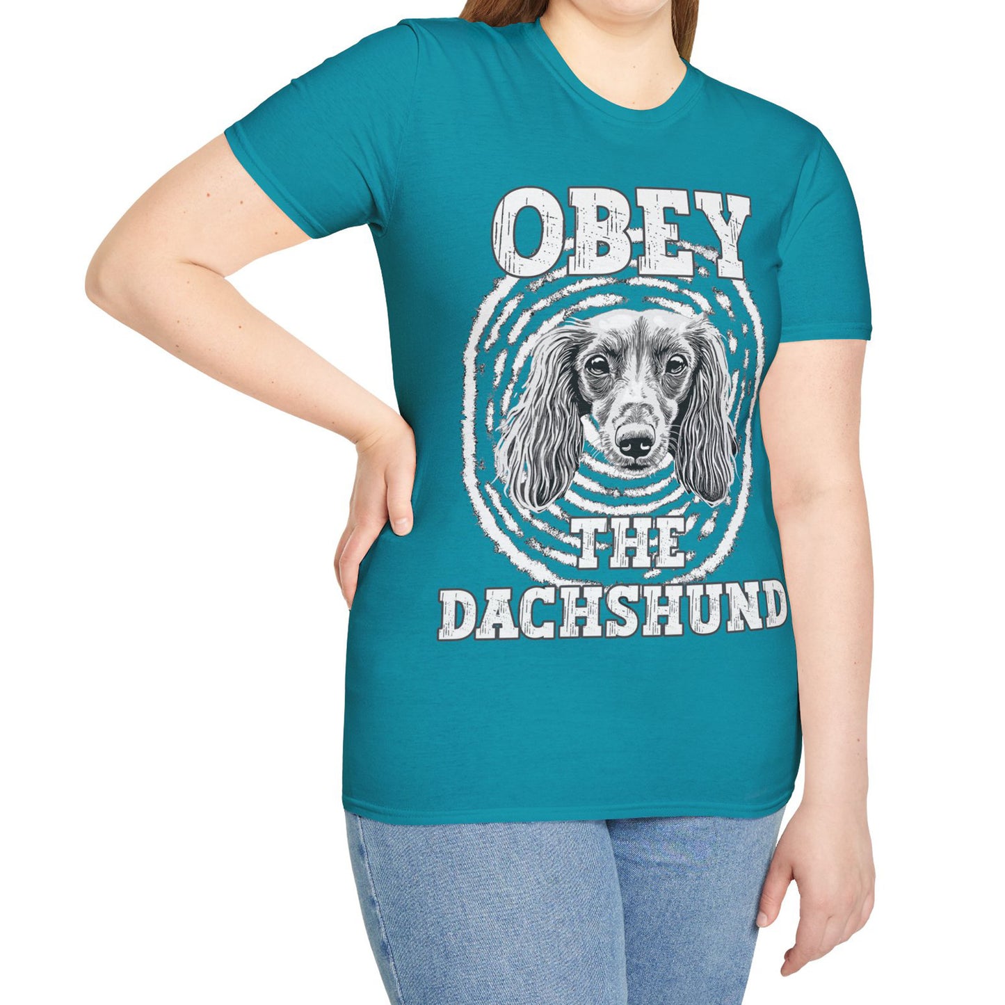 "Obey" Long-Haired Dachshund Unisex Softstyle T-Shirt