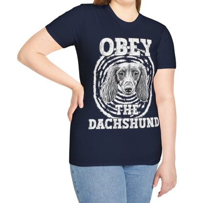 "Obey" Long-Haired Dachshund Unisex Softstyle T-Shirt