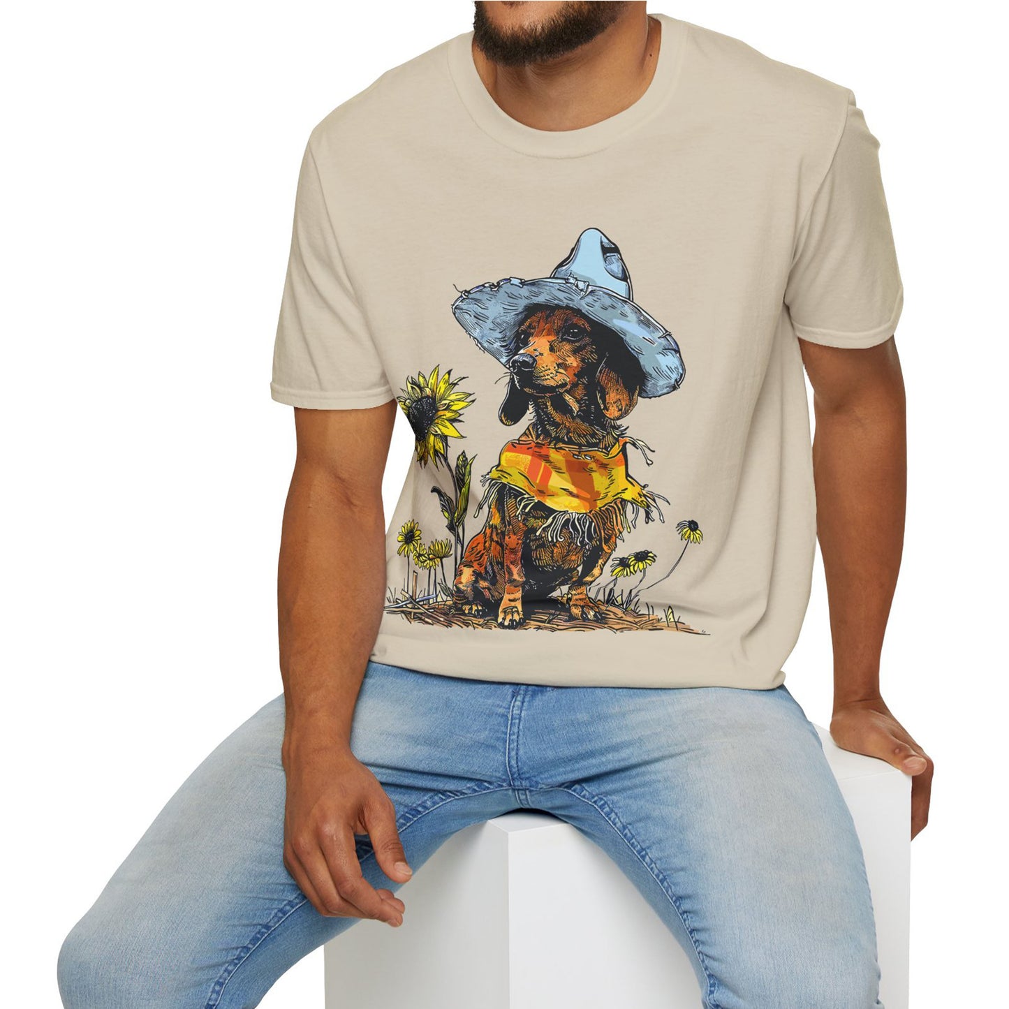 "Sunflowers" Tan Smooth-Haired Dachshund Unisex Softstyle T-Shirt