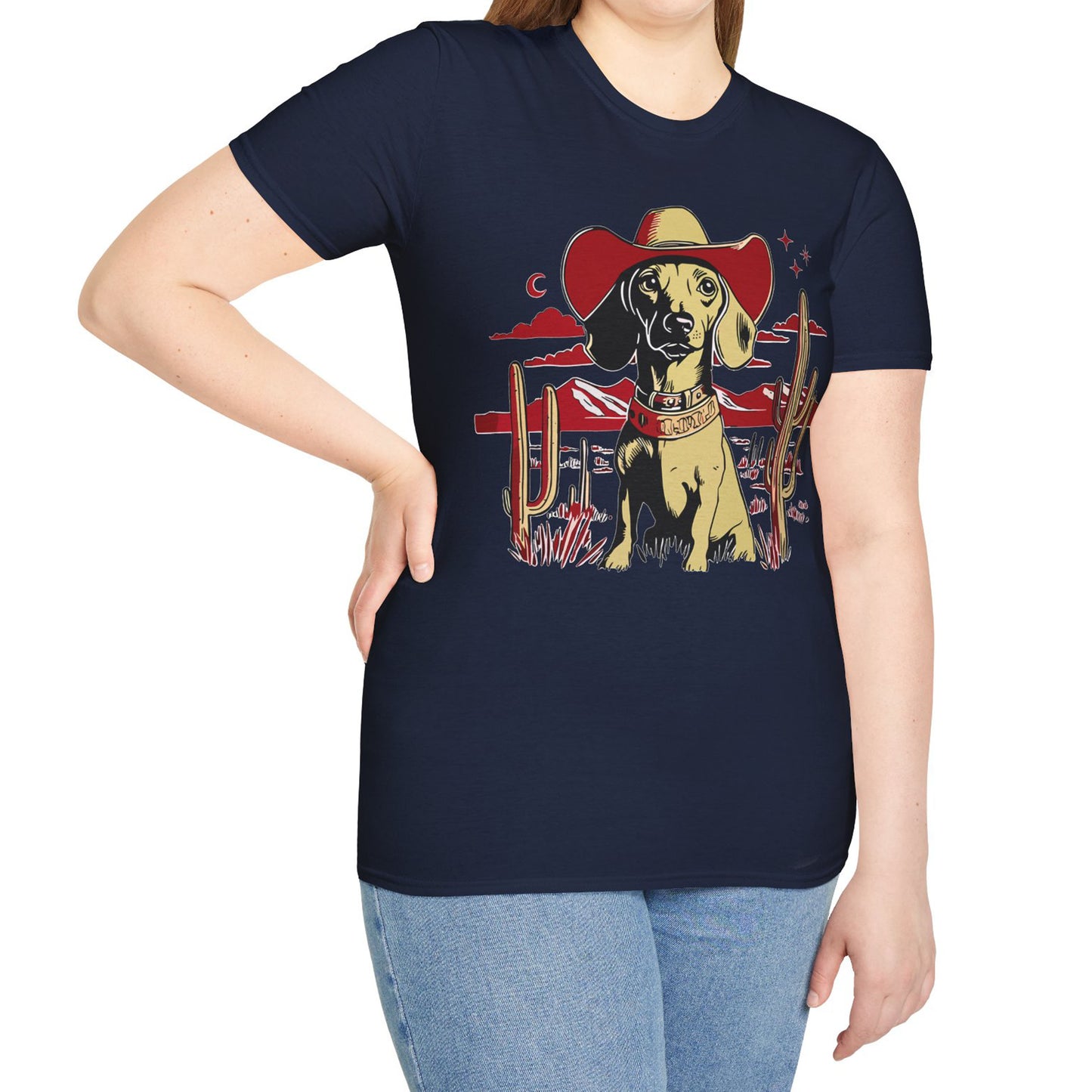 "Space Cowboy" Tan Smooth-Haired Dachshund Unisex Softstyle T-Shirt