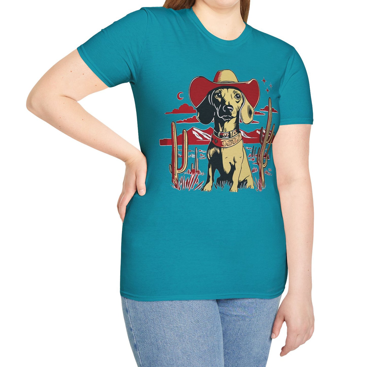 "Space Cowboy" Tan Smooth-Haired Dachshund Unisex Softstyle T-Shirt