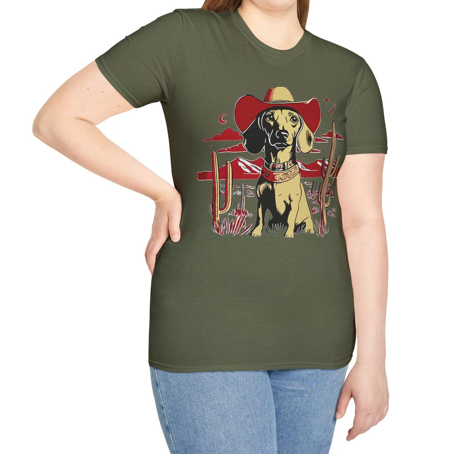 "Space Cowboy" Tan Smooth-Haired Dachshund Unisex Softstyle T-Shirt