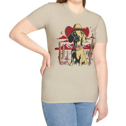"Space Cowboy" Tan Smooth-Haired Dachshund Unisex Softstyle T-Shirt