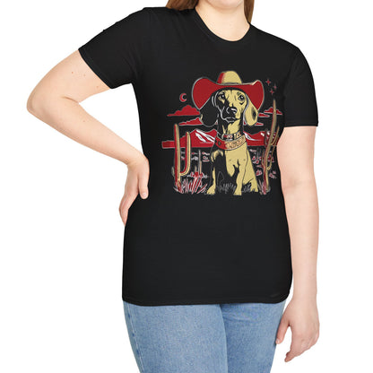 "Space Cowboy" Tan Smooth-Haired Dachshund Unisex Softstyle T-Shirt